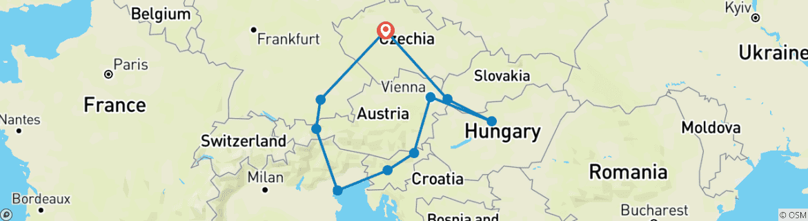 Image of a map showing the route of the tour
