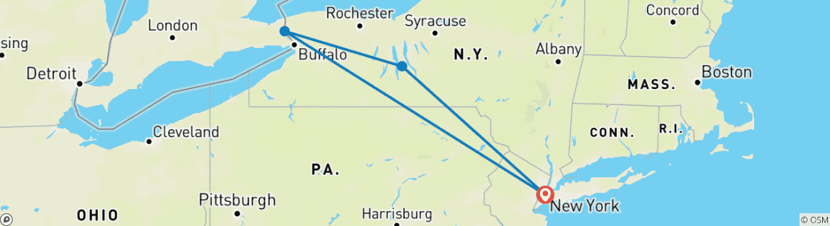 Image of a map showing the route of the tour