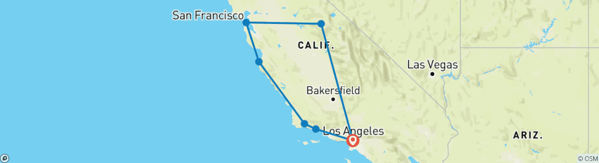 Image of a map showing the route of the tour