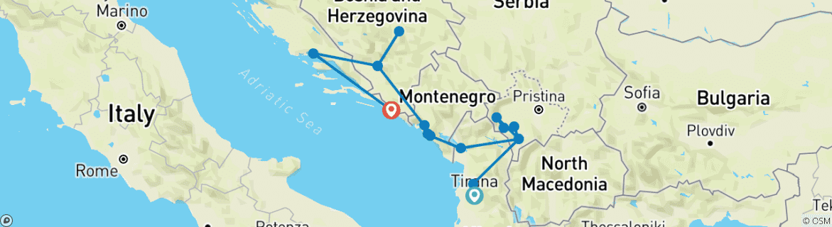 Image of a map showing the route of the tour