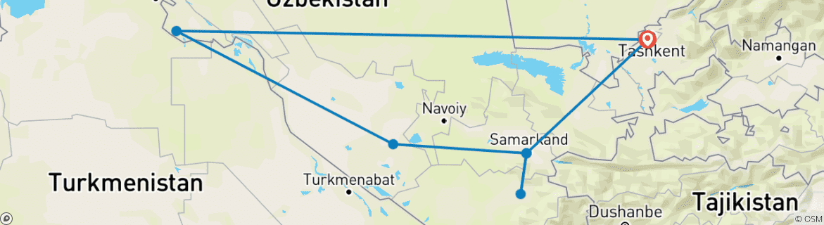 Image of a map showing the route of the tour