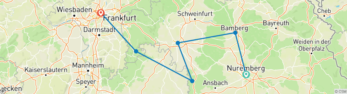 Image of a map showing the route of the tour