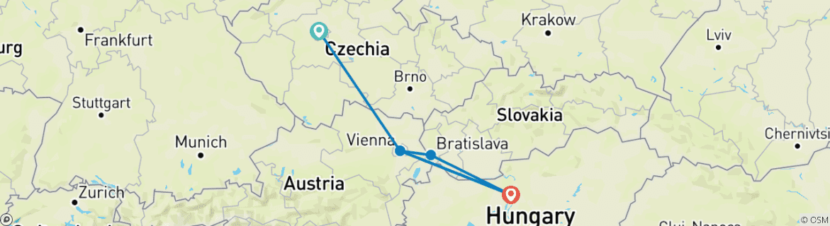 Image of a map showing the route of the tour