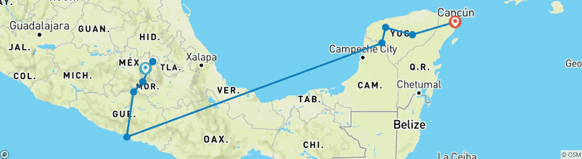 Image of a map showing the route of the tour