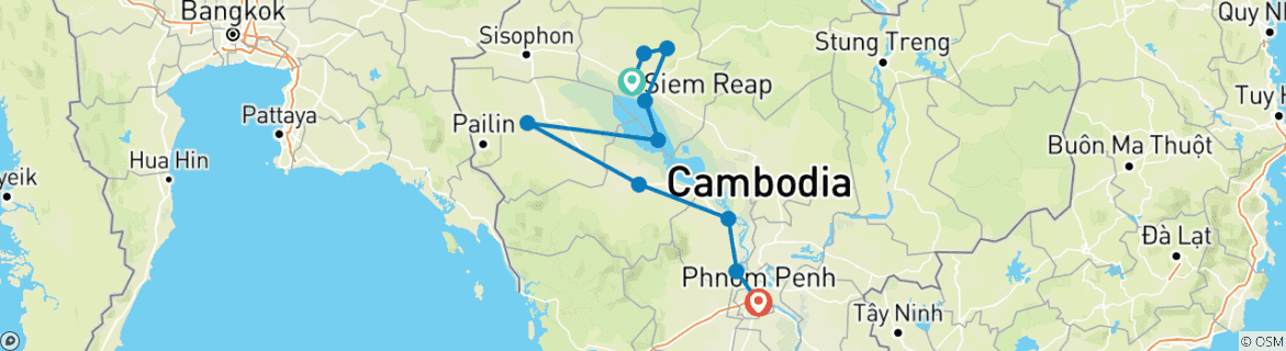 Image of a map showing the route of the tour