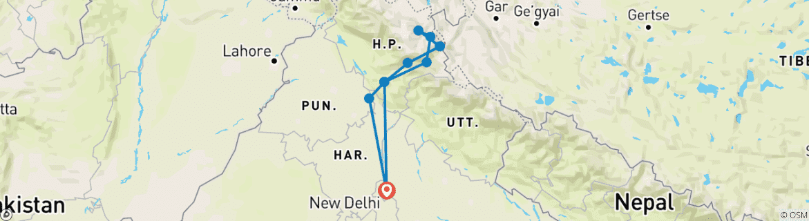 Image of a map showing the route of the tour