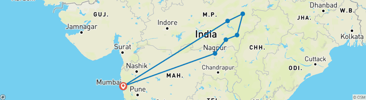 Image of a map showing the route of the tour