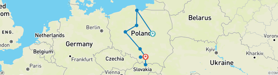Image of a map showing the route of the tour