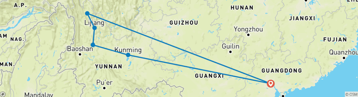 Image of a map showing the route of the tour