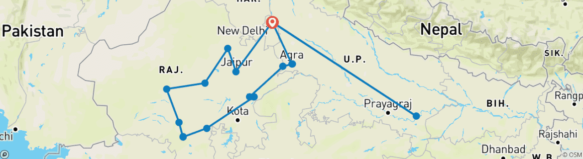 Image of a map showing the route of the tour