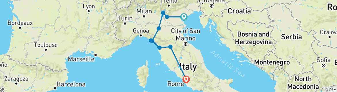 Image of a map showing the route of the tour