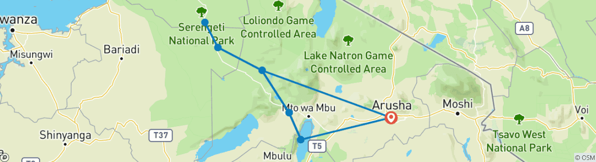 Image of a map showing the route of the tour