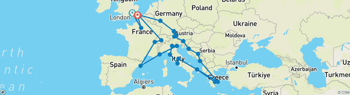 Image of a map showing the route of the tour