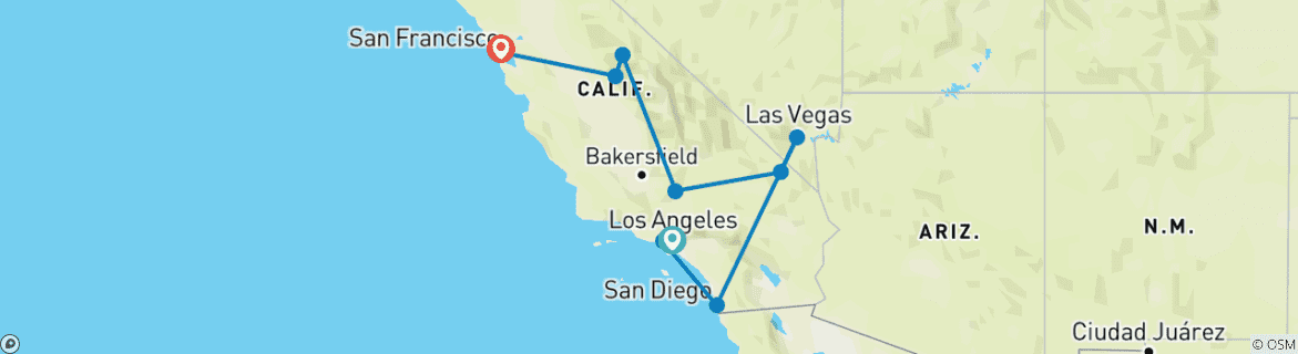 Image of a map showing the route of the tour