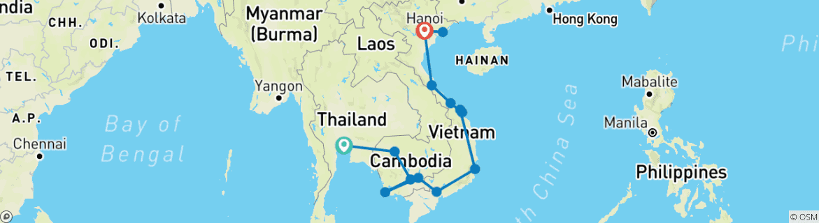 Image of a map showing the route of the tour