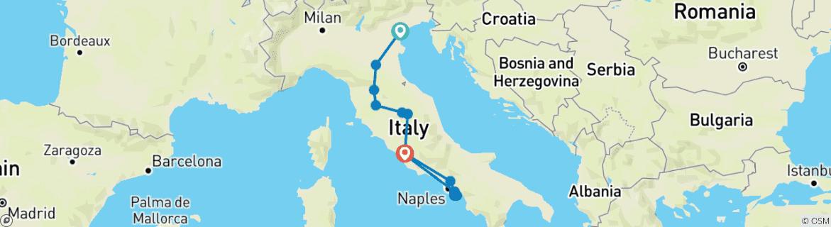 Image of a map showing the route of the tour