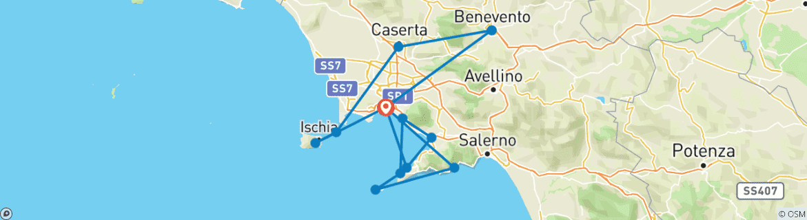 Image of a map showing the route of the tour