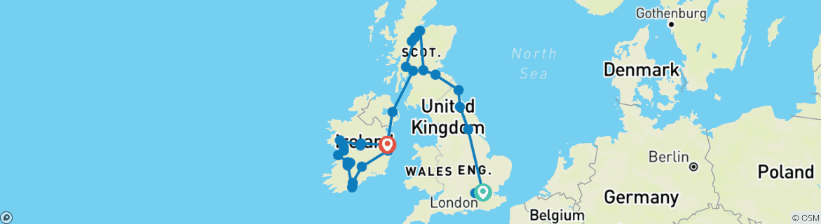 Image of a map showing the route of the tour