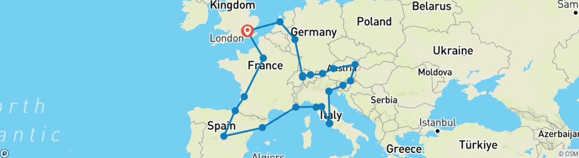 Image of a map showing the route of the tour