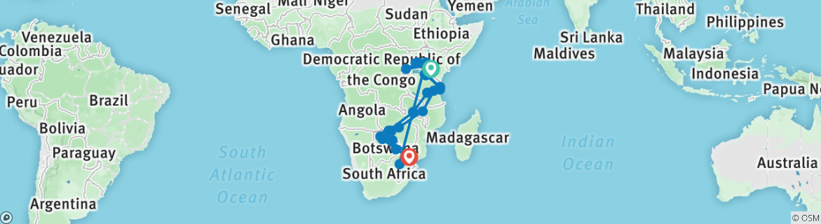 Image of a map showing the route of the tour