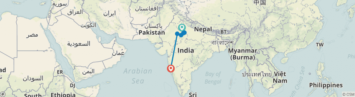 Image of a map showing the route of the tour