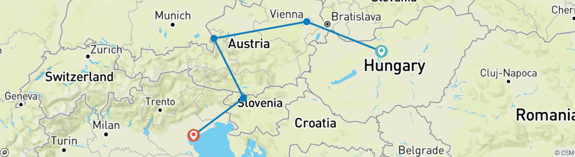 Image of a map showing the route of the tour