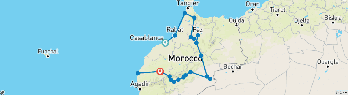 Image of a map showing the route of the tour