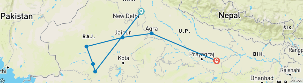 Image of a map showing the route of the tour