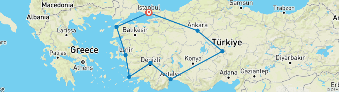Image of a map showing the route of the tour