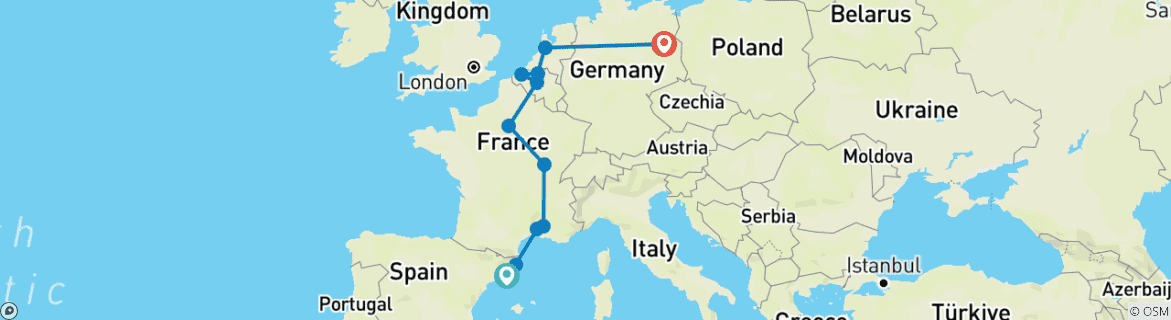 Image of a map showing the route of the tour