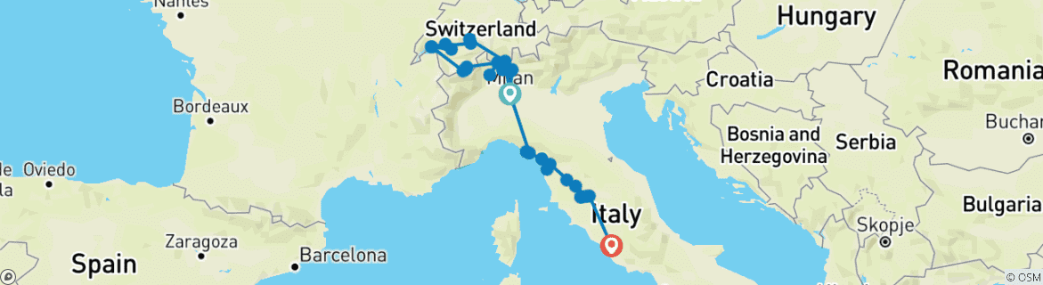 Image of a map showing the route of the tour