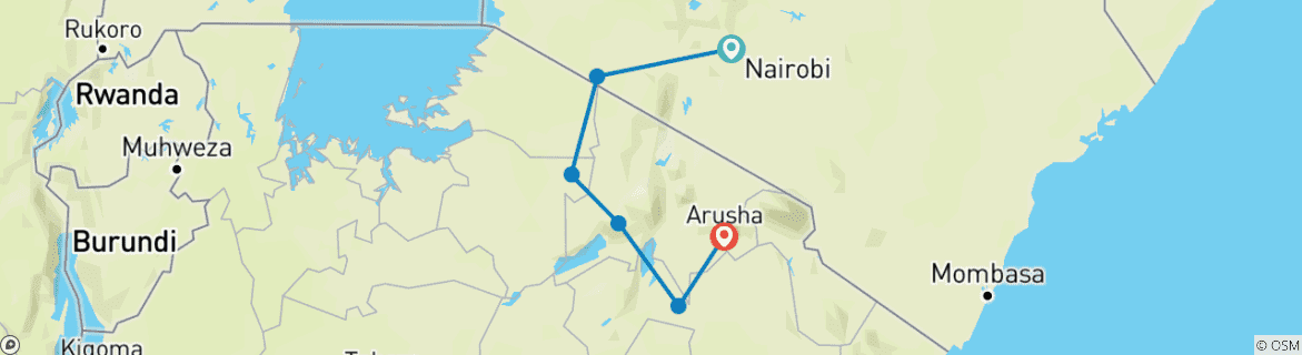 Image of a map showing the route of the tour