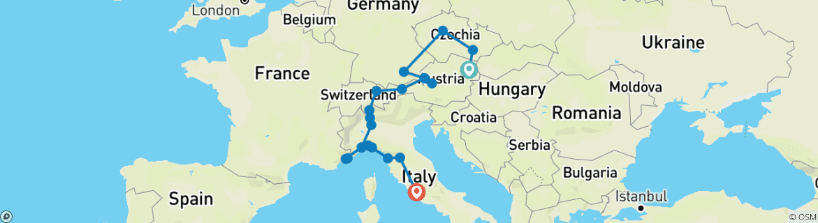 Image of a map showing the route of the tour