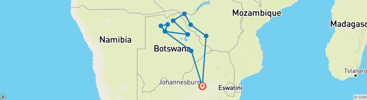 Image of a map showing the route of the tour