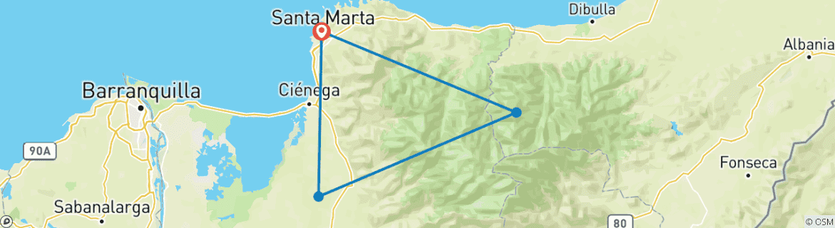 Image of a map showing the route of the tour
