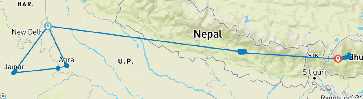 Image of a map showing the route of the tour