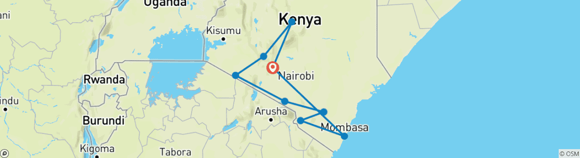 Carte du circuit 17 jours - Best of Kenya Wilderness Gateway avec Diani Beach Holiday
