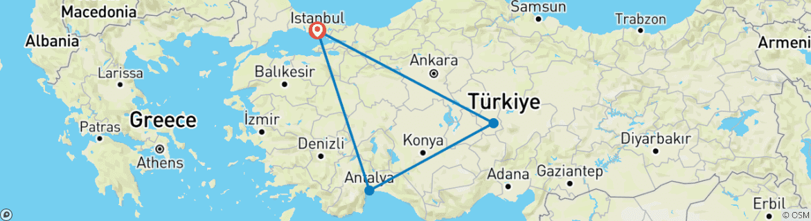 Image of a map showing the route of the tour
