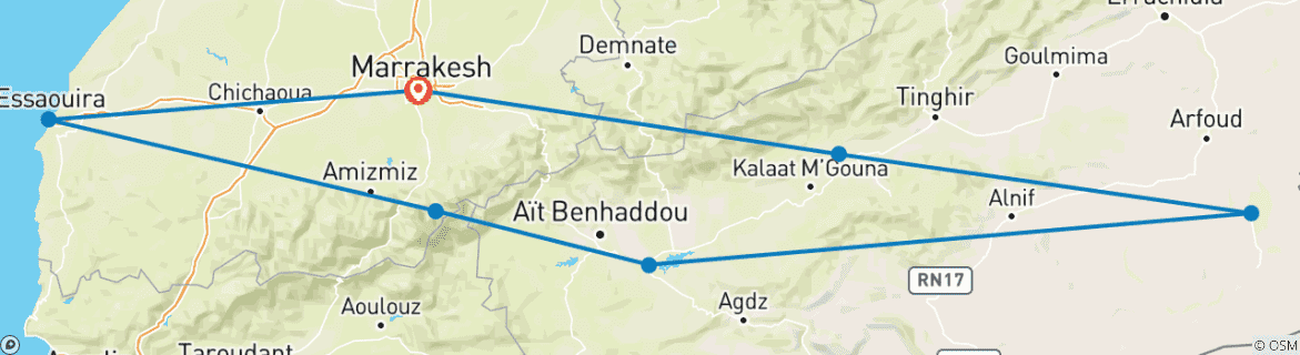 Image of a map showing the route of the tour