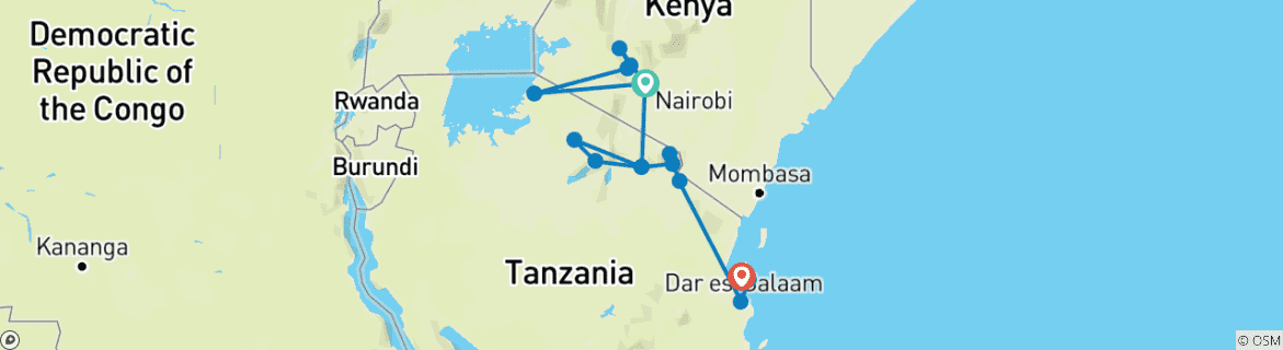 Image of a map showing the route of the tour