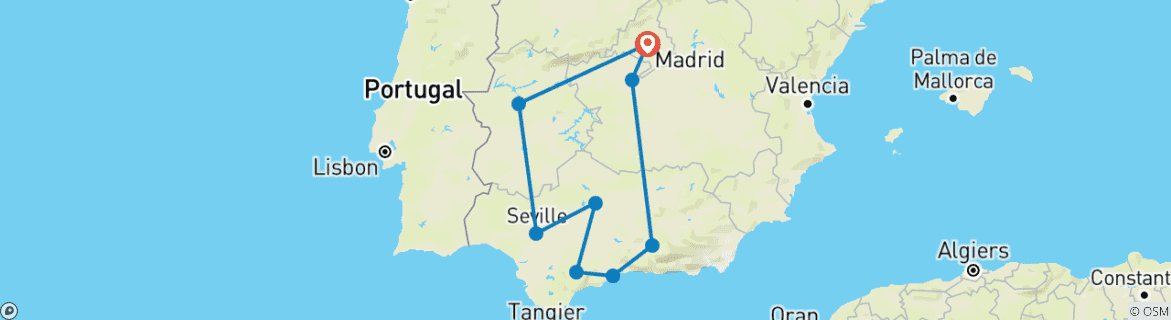 Image of a map showing the route of the tour