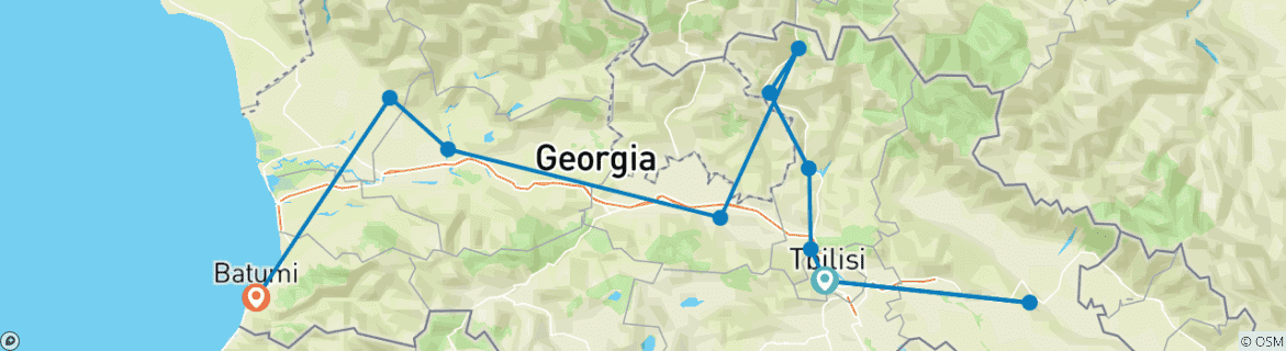 Image of a map showing the route of the tour