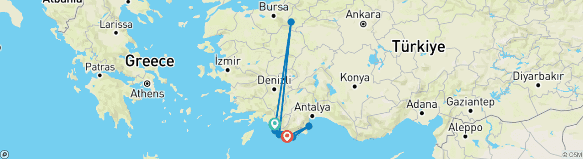 Image of a map showing the route of the tour