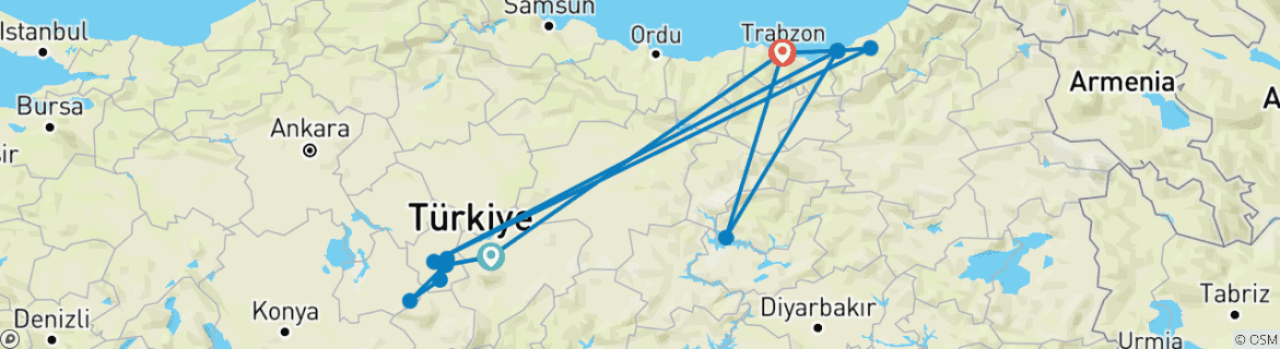 Image of a map showing the route of the tour