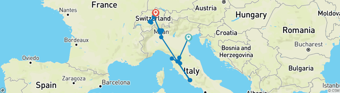 Image of a map showing the route of the tour