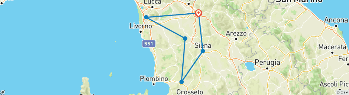 Image of a map showing the route of the tour