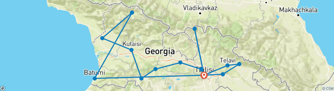 Image of a map showing the route of the tour