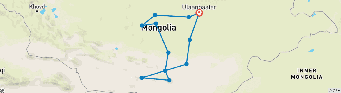 Image of a map showing the route of the tour