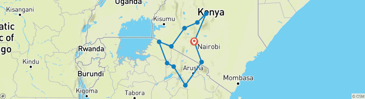 Image of a map showing the route of the tour