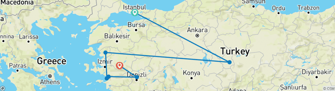 Image of a map showing the route of the tour